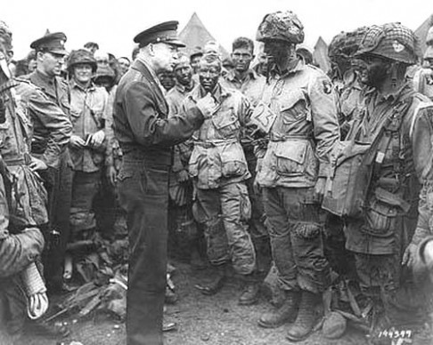 General Dwight D. Eisenhower giving orders to American paratroopers in England. (D-Day, June 6, 1944)
