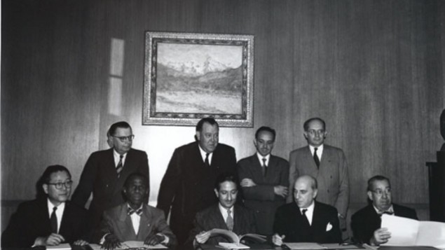 Raphael Lemkin, top row on the right, with some of the first state representatives to sign the Convention for the Prevention and Punishment of Genocide (Photo credit: Wikimedia Commons CC-BY-SA)