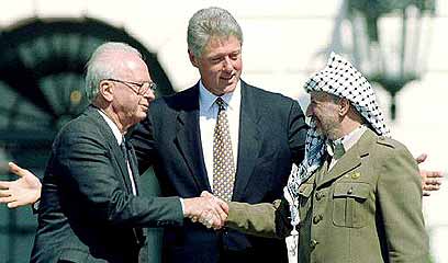 Rabin, Clinton and Arafat. 'Israel needs to finally declare that the Oslo process is null and void and that the concept of land for peace is no longer an option' (Photo: Reuters) 