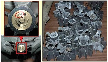 Excerpt from a U.S. Government slideshow showing the remains of Iranian mortar tail-fins recovered after attacks in Iraq in late 2006.  The fin-configuration and design and lot number configuration identify them as Iranian munitions.   