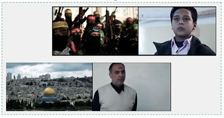 Above: Mim for muqawama ("resistance," i.e., terrorism). Below: Qaf for Al-Quds (Jerusalem) (YouTube).