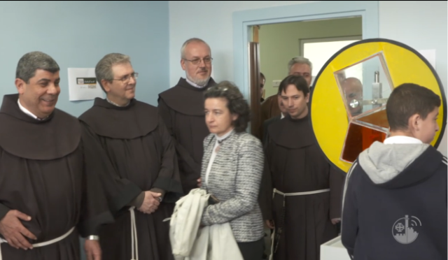 Ceremony inaugurating the first stage of the restoration of the Terra Santa School in east Jerusalem, with the participation of Christian clerics led by the director of the school, Father Ibrahim Faltas (far left) (Facebook page of the Terra Santa School, February 27, 2018).