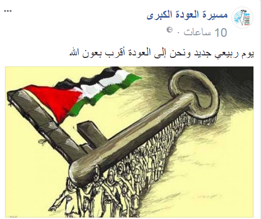 Picture posted to the "great return march" Facebook page of Palestinians carrying a key (the symbol of the return) flying the Palestinian flag. The Arabic reads, "A new spring day and we are close to the return, with the help of Allah" (Facebook page of the "great return march," March 13, 2018).