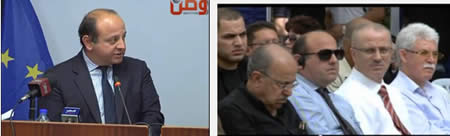 Left: John Gatt-Rutter, EU representative in the PA, at a press conference held jointly with Palestinian foreign minister Riyadh al-Maliki (Al-Watan TV, April 23, 2013). Right: John Gatt-Rutter, front row second from left, at the eighth Bil'in conference for popular resistance. To his right is Rami Hamdallah, Palestinian prime minister (Paltoday TV, October 3, 2013).