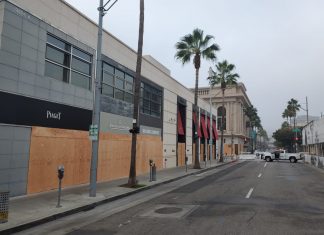 In anticipation of civil unrest after US Election Day, boarded up businesses on Rodeo Drive in Beverly Hills, California
