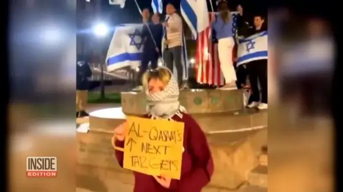 Pro-Hamas demonstrator directed Hamas’s al-Qasam’s terrorists to Columbia Jewish and pro-Israel students. (Inside Edition, Youtube, screenshot)