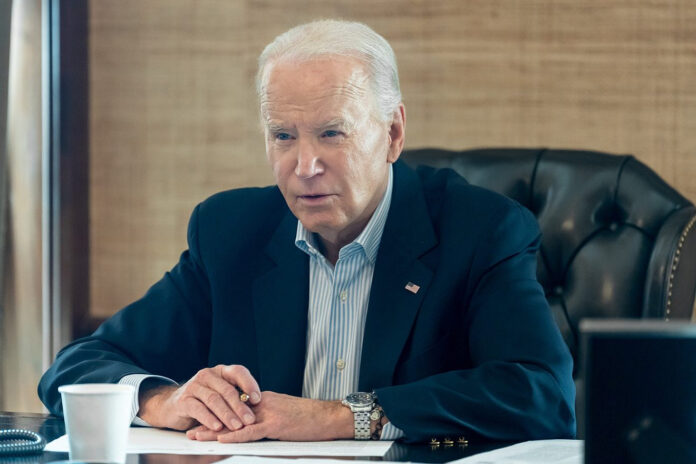 U.S. President Joe Biden speaks on the phone with Egyptian President Abdel Fattah el-Sisi in the Treaty Room of the White House, on Feb. 29, 2024. Credit: Cameron Smith/White House.