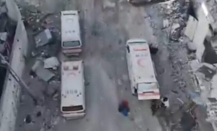 Red Crescent ambulances prepare for evacuation from Kamal Adwan Hospital. (X Screenshot)