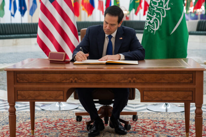 U.S. Secretary of State Marco Rubio meets with Saudi Arabian Foreign Minister Faisal bin Farhan at the Ministry of Foreign Affairs in Riyadh, Saudi Arabia, Feb. 17, 2025. Credit: Freddie Everett/U.S. State Department.